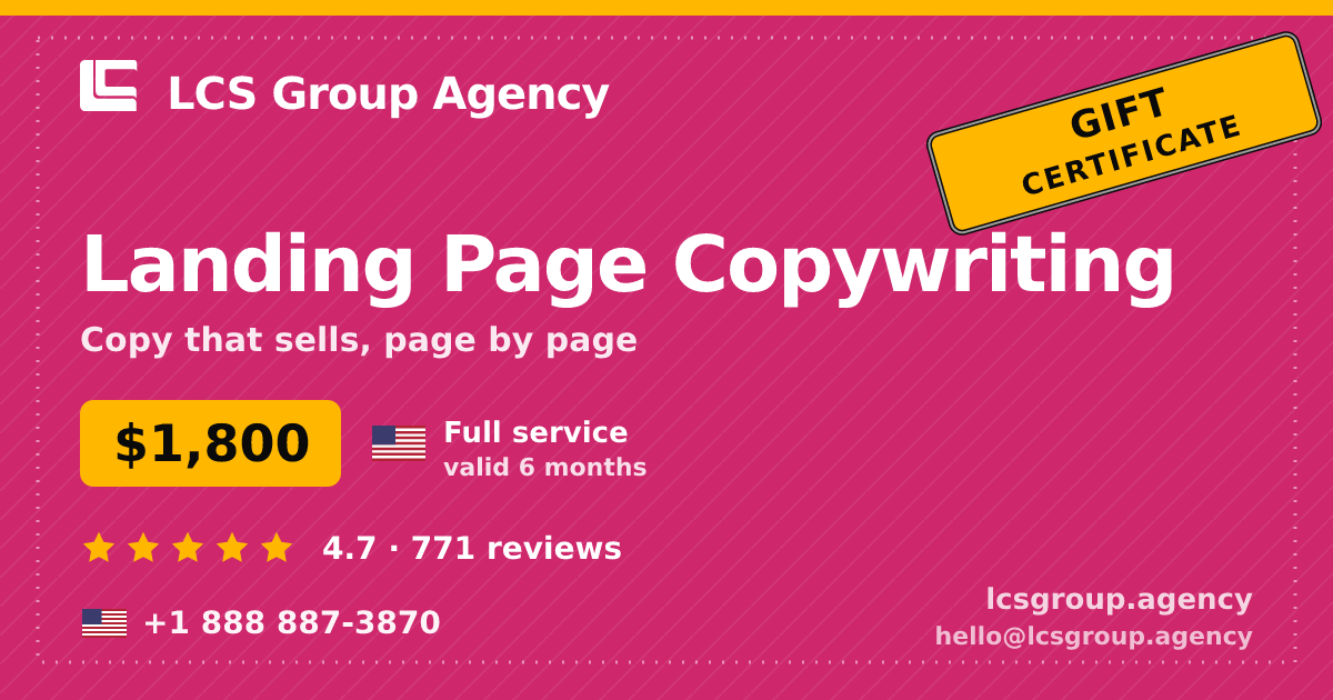 Landing Page Copywriting gift certificate — $1,800, valid 6 months. LCS Group Agency.