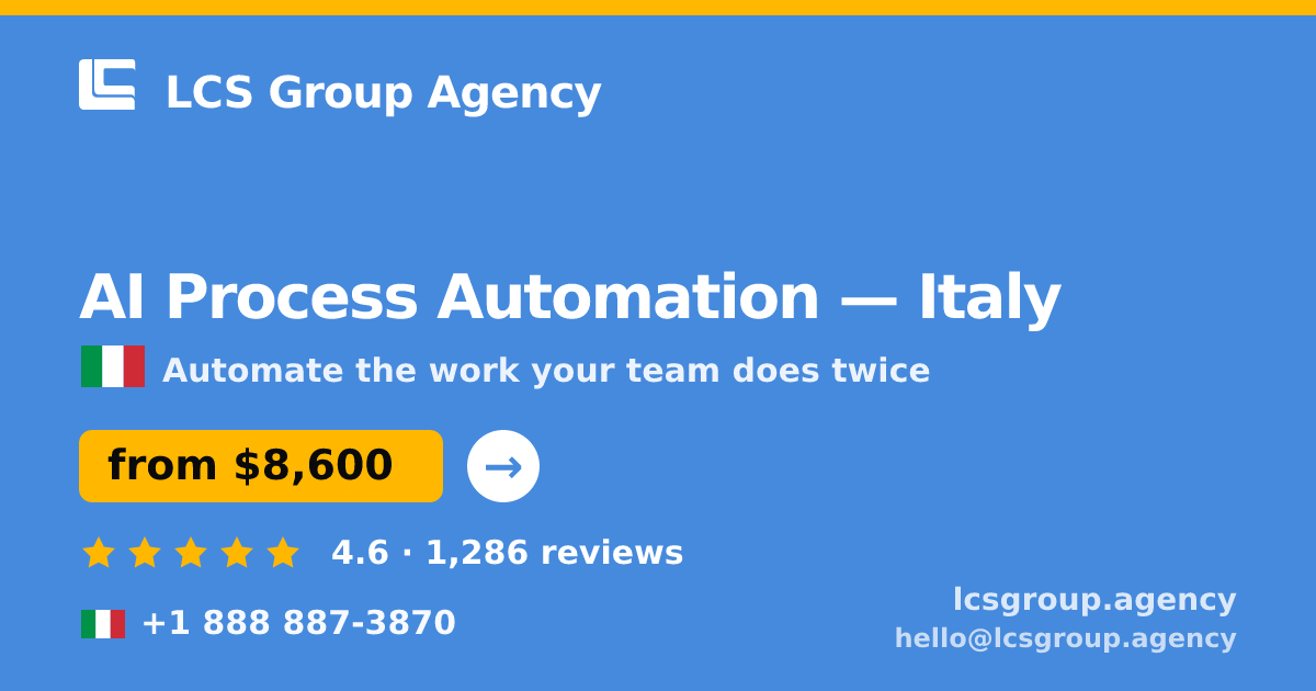 AI Process Automation in Italy — from $8,600, rated 4.6/5 by 1286 clients. LCS Group Agency.