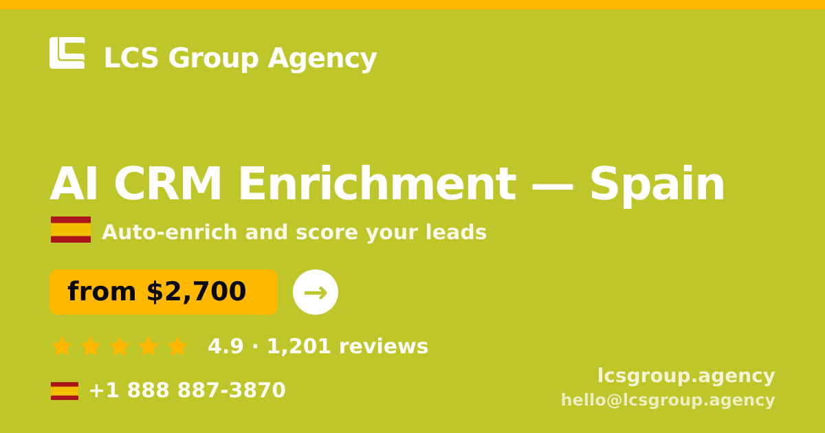 AI CRM Enrichment in Spain — from $2,700/mo, rated 4.9/5 by 1201 clients. LCS Group Agency.