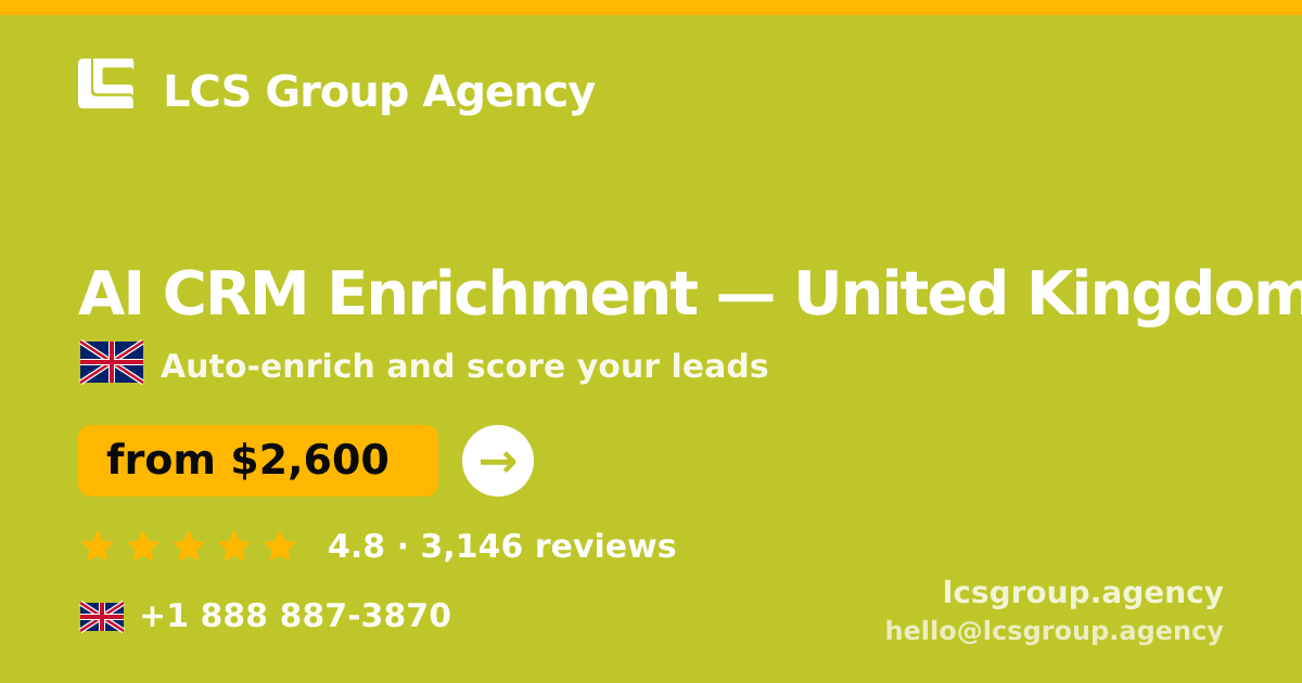 AI CRM Enrichment in United Kingdom — from $2,600/mo, rated 4.8/5 by 3146 clients. LCS Group Agency.