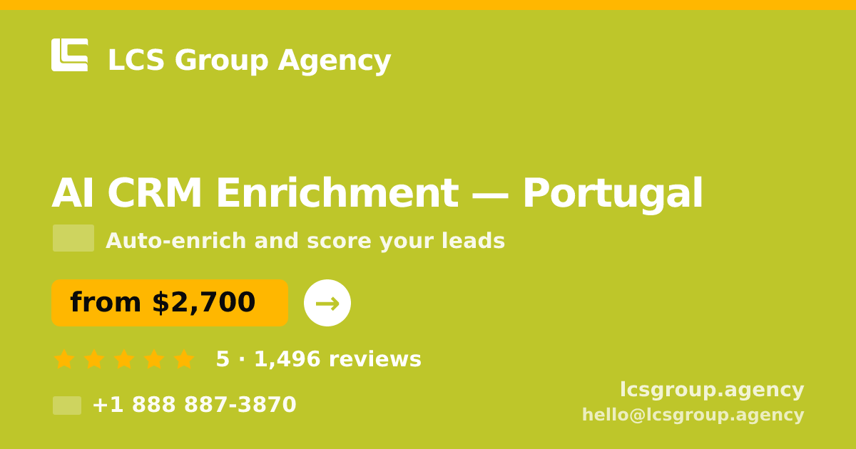 AI CRM Enrichment in Portugal — from $2,700/mo, rated 5/5 by 1496 clients. LCS Group Agency.
