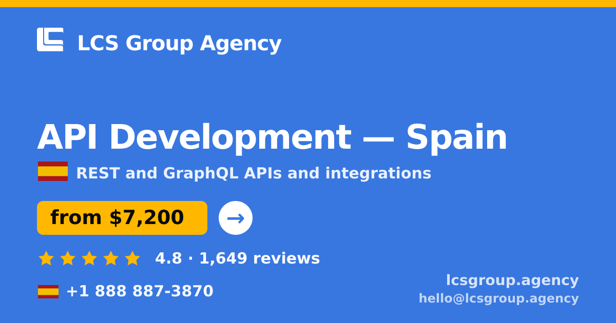 API Development in Spain — from $7,200, rated 4.8/5 by 1649 clients. LCS Group Agency.