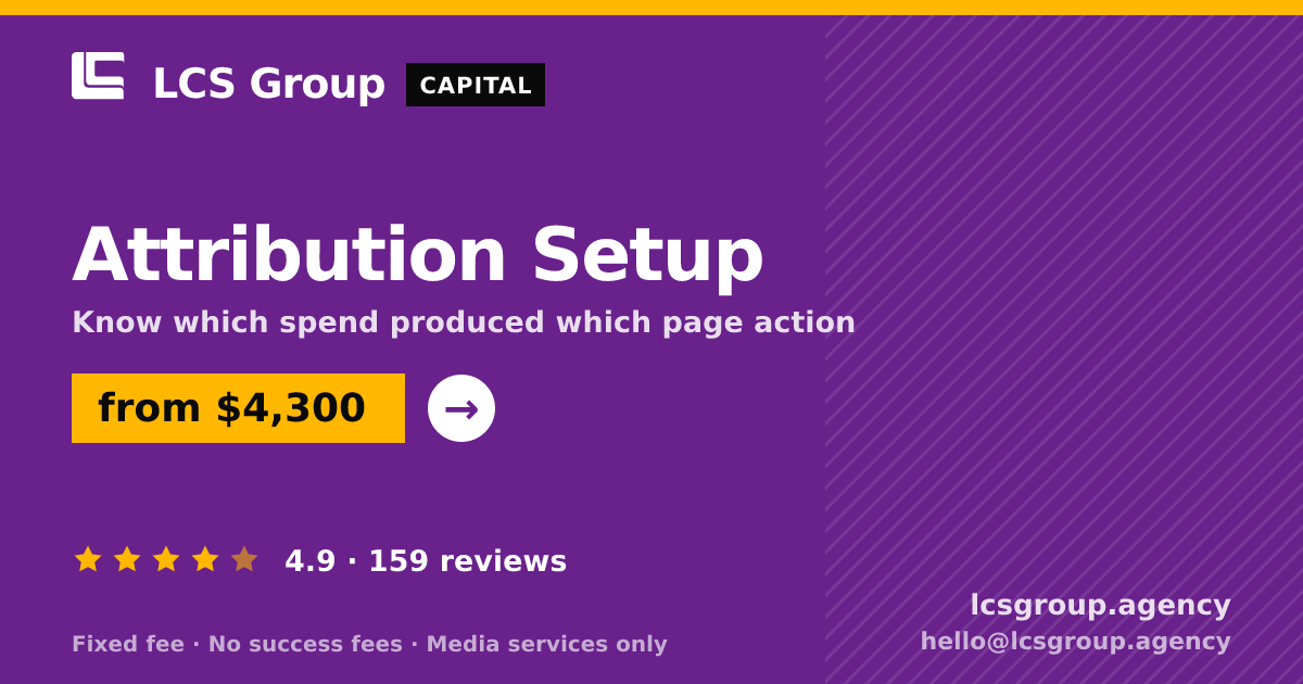 Attribution Setup — from $4,300, rated 4.9/5 across 159 reviews. LCS Group Agency.