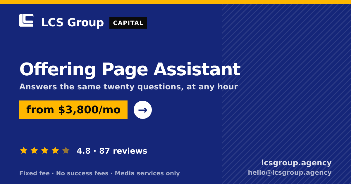 Offering Page Assistant — from $3,800/mo, rated 4.8/5 across 87 reviews. LCS Group Agency.