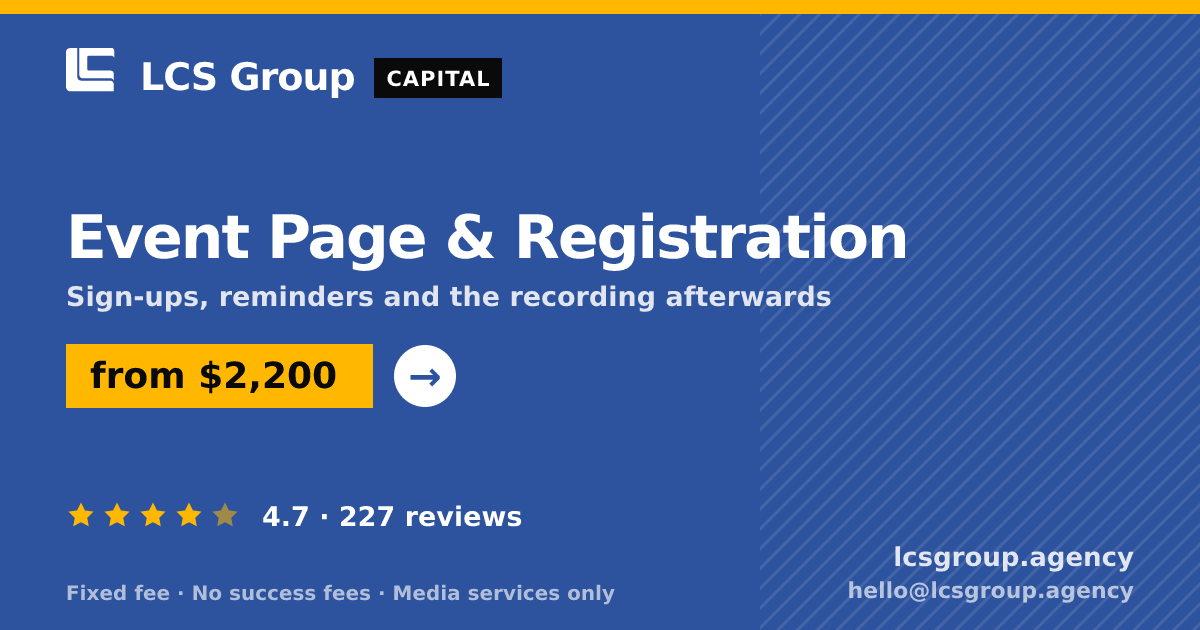 Event Page & Registration — from $2,200, rated 4.7/5 across 227 reviews. LCS Group Agency.