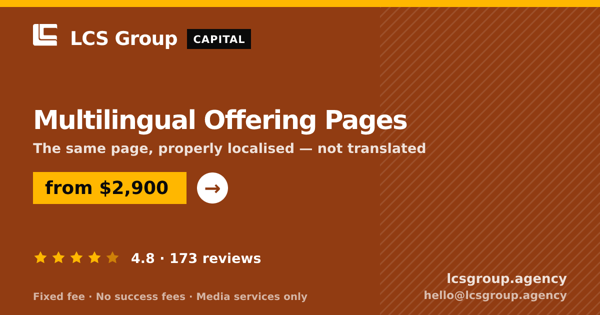 Multilingual Offering Pages — from $2,900, rated 4.8/5 across 173 reviews. LCS Group Agency.
