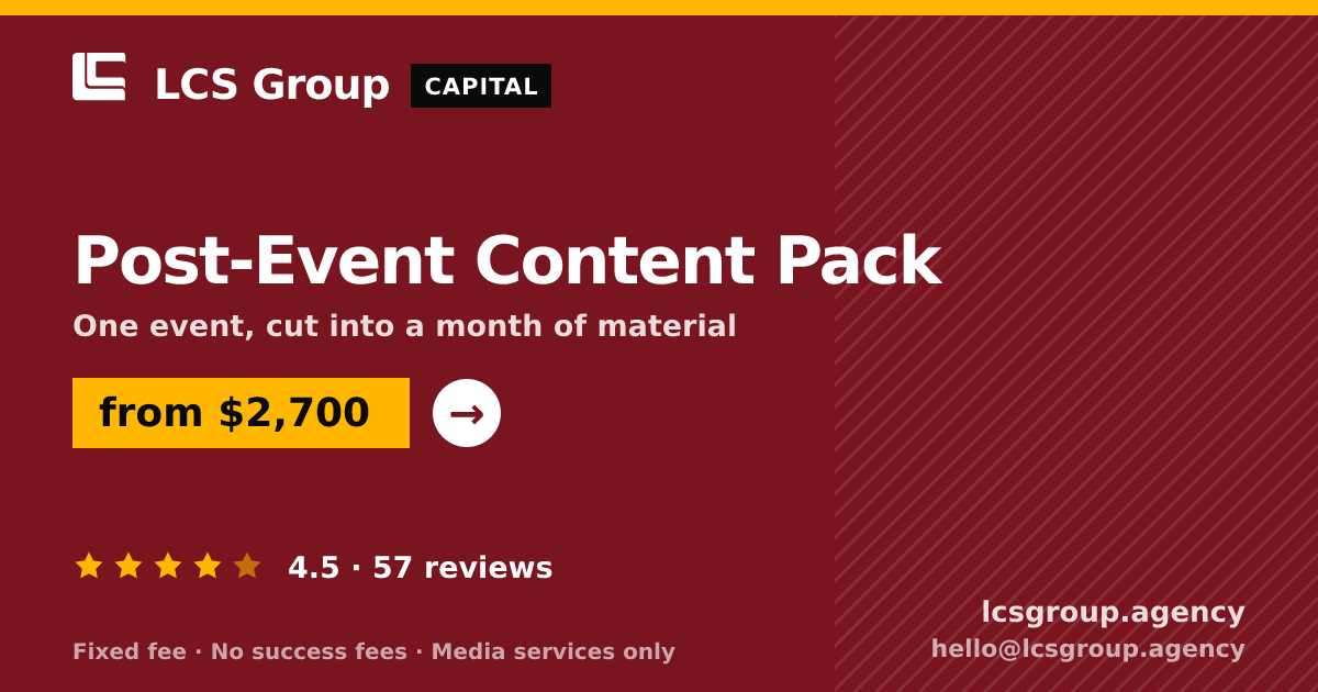 Post-Event Content Pack — from $2,700, rated 4.5/5 across 57 reviews. LCS Group Agency.