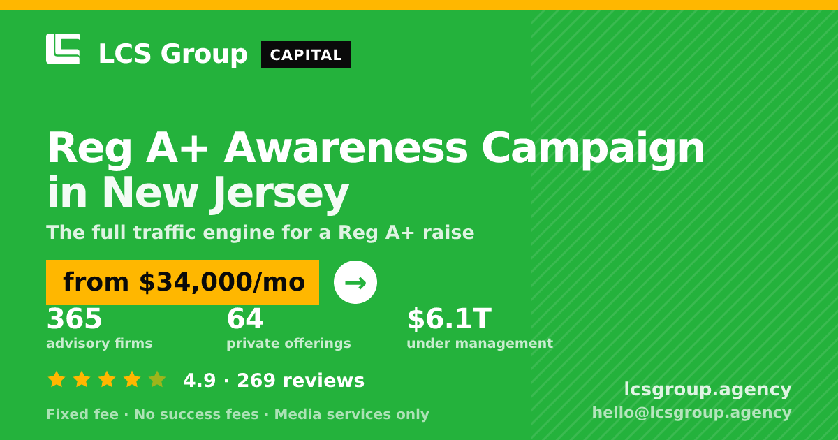 Reg A+ Awareness Campaign in New Jersey — from $34,000/mo, rated 4.9/5 across 269 reviews. LCS Group Agency.