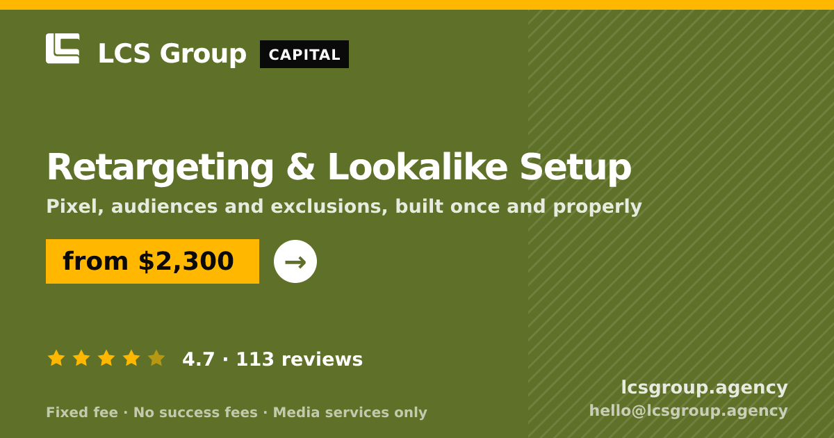 Retargeting & Lookalike Setup — from $2,300, rated 4.7/5 across 113 reviews. LCS Group Agency.