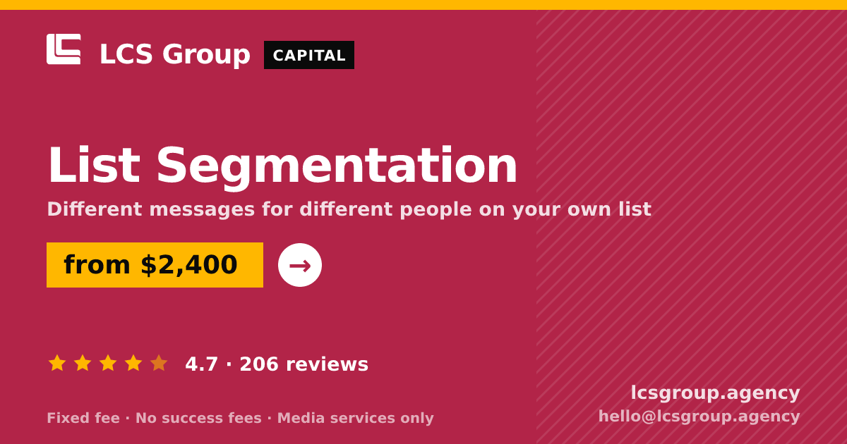 List Segmentation — from $2,400, rated 4.7/5 across 206 reviews. LCS Group Agency.