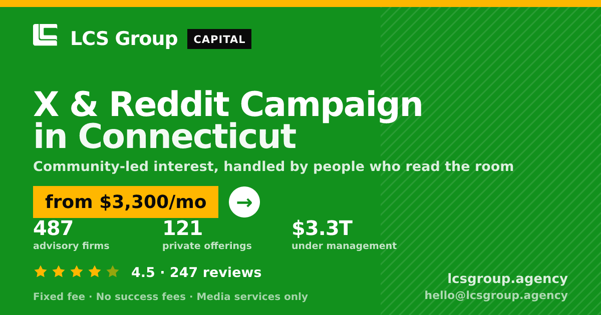 X & Reddit Campaign in Connecticut — from $3,300/mo, rated 4.5/5 across 247 reviews. LCS Group Agency.