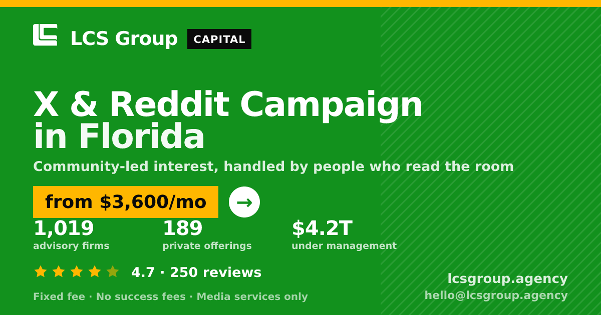 X & Reddit Campaign in Florida — from $3,600/mo, rated 4.7/5 across 250 reviews. LCS Group Agency.