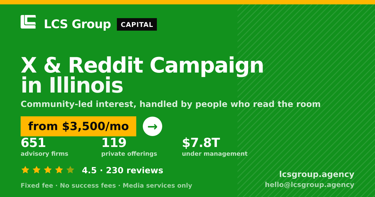 X & Reddit Campaign in Illinois — from $3,500/mo, rated 4.5/5 across 230 reviews. LCS Group Agency.