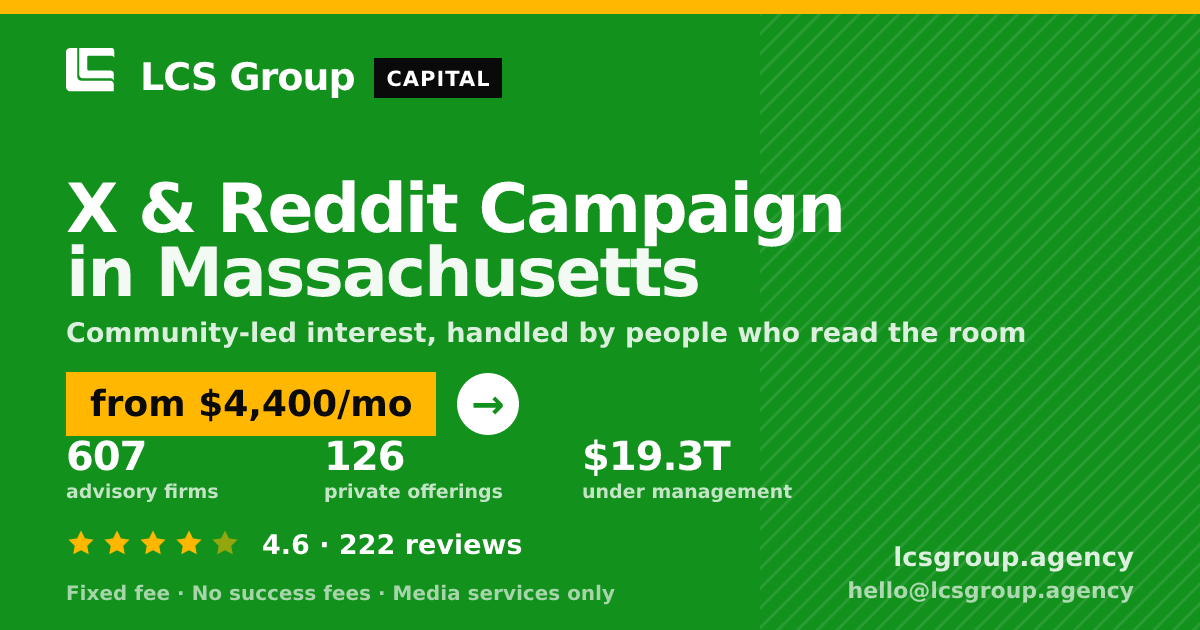 X & Reddit Campaign in Massachusetts — from $4,400/mo, rated 4.6/5 across 222 reviews. LCS Group Agency.