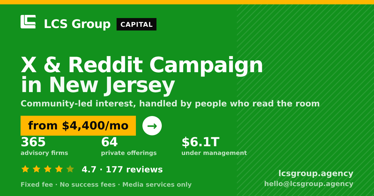 X & Reddit Campaign in New Jersey — from $4,400/mo, rated 4.7/5 across 177 reviews. LCS Group Agency.