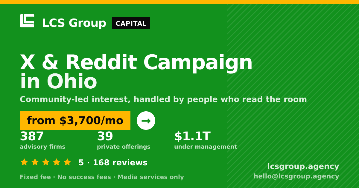 X & Reddit Campaign in Ohio — from $3,700/mo, rated 5/5 across 168 reviews. LCS Group Agency.