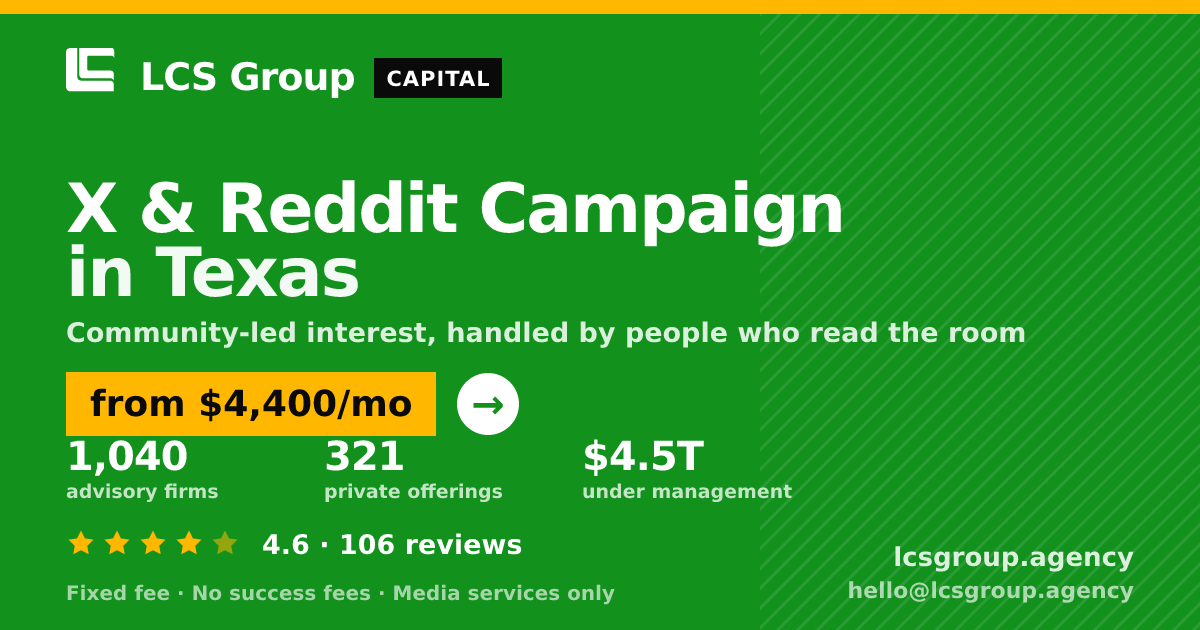 X & Reddit Campaign in Texas — from $4,400/mo, rated 4.6/5 across 106 reviews. LCS Group Agency.
