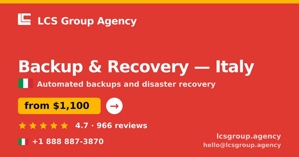 Backup & Recovery in Italy — from $1,100/mo, rated 4.7/5 by 966 clients. LCS Group Agency.