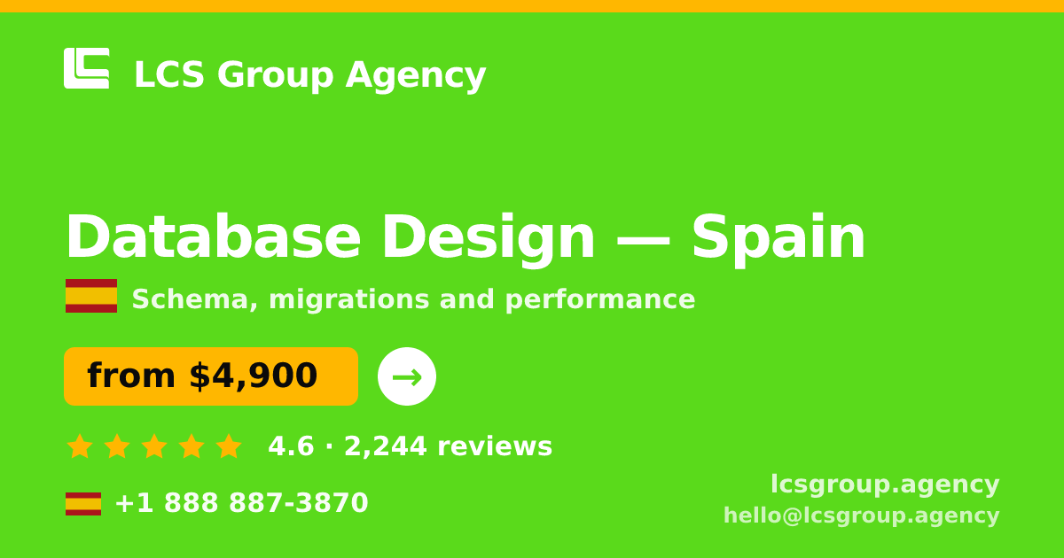 Database Design in Spain — from $4,900, rated 4.6/5 by 2244 clients. LCS Group Agency.
