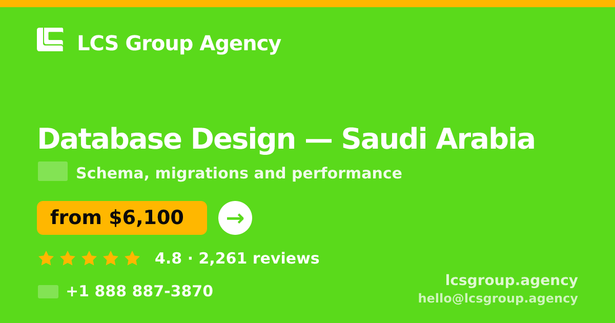 Database Design in Jeddah — from $7,800, rated 5/5 by 3209 clients. LCS Group Agency.
