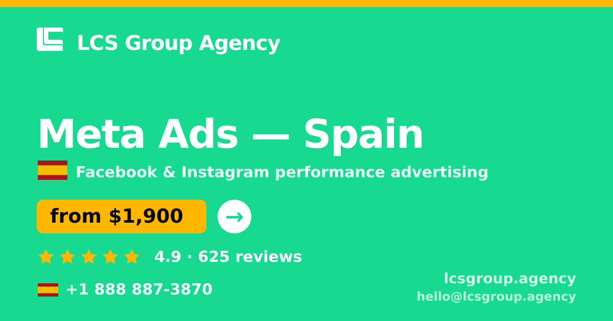 Meta Ads in Spain — from $1,900/mo, rated 4.9/5 by 625 clients. LCS Group Agency.