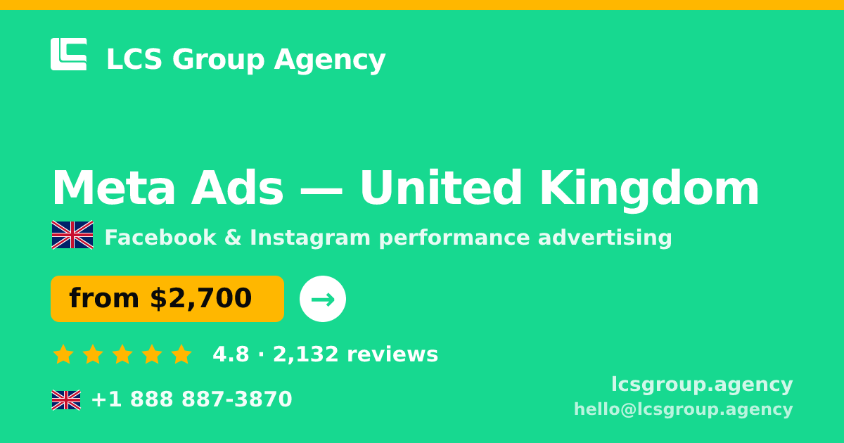 Meta Ads in United Kingdom — from $2,700/mo, rated 4.8/5 by 2132 clients. LCS Group Agency.