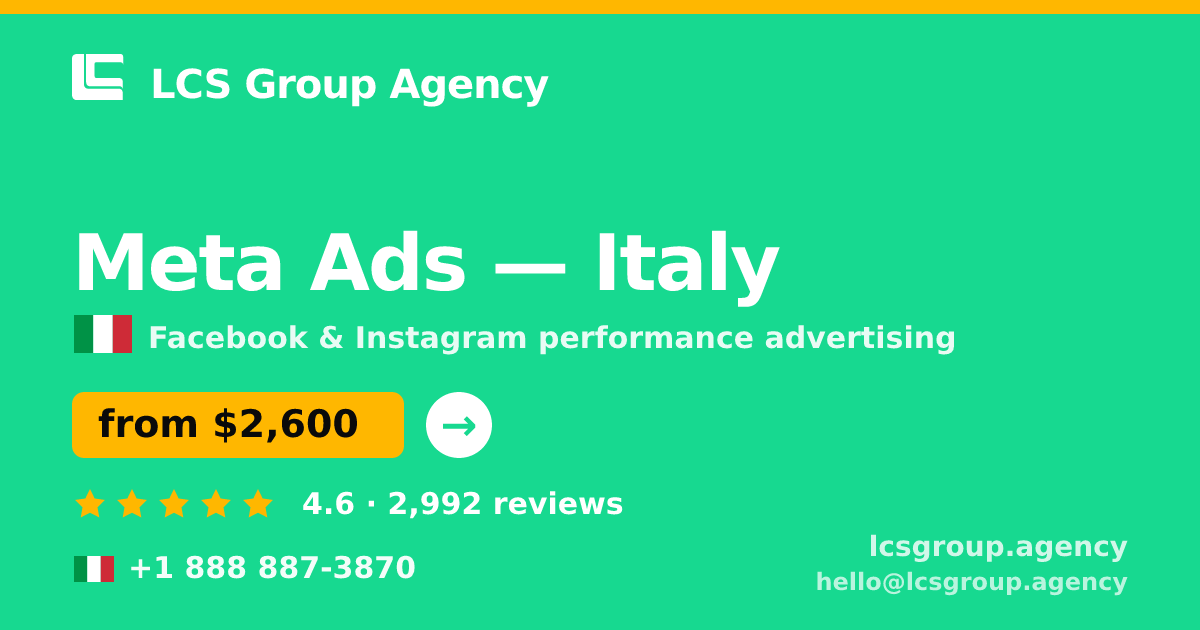 Meta Ads in Italy — from $2,600/mo, rated 4.6/5 by 2992 clients. LCS Group Agency.