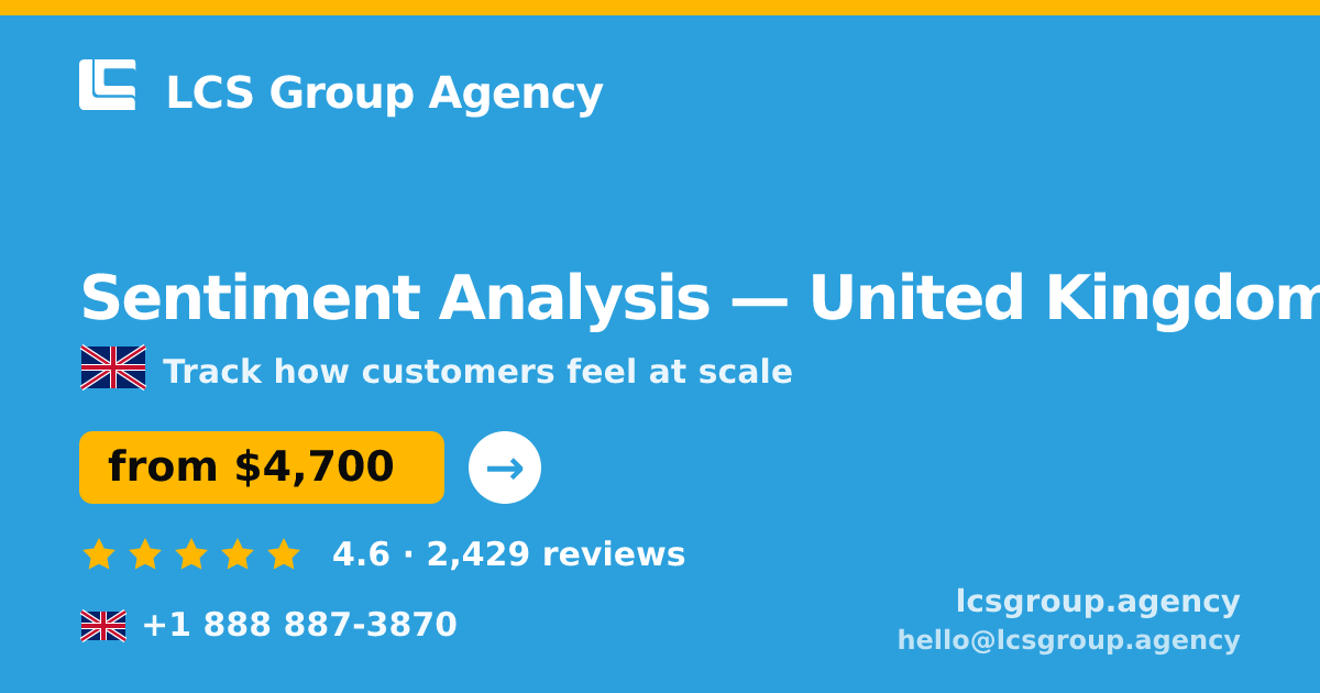 Sentiment Analysis in United Kingdom — from $4,700, rated 4.6/5 by 2429 clients. LCS Group Agency.