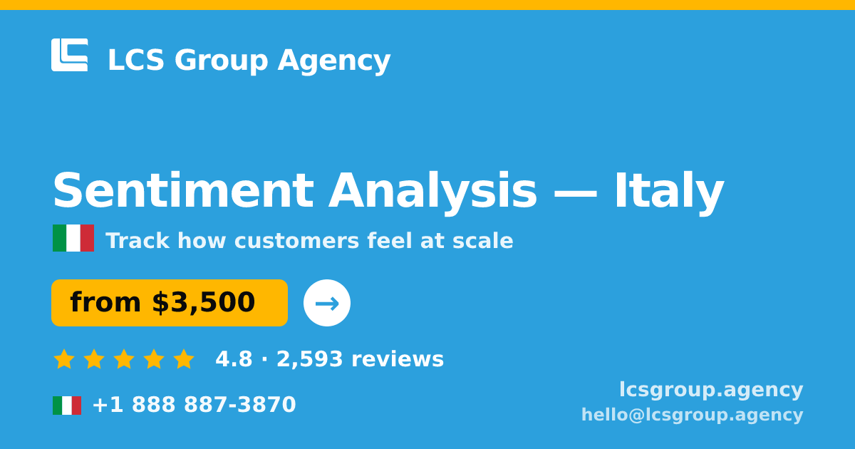 Sentiment Analysis in Italy — from $3,500, rated 4.8/5 by 2593 clients. LCS Group Agency.